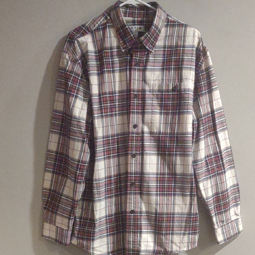 Orvis Men's Large White Blue Brown Plaid Button Down Cotton Long Sleeve‎ Shirt